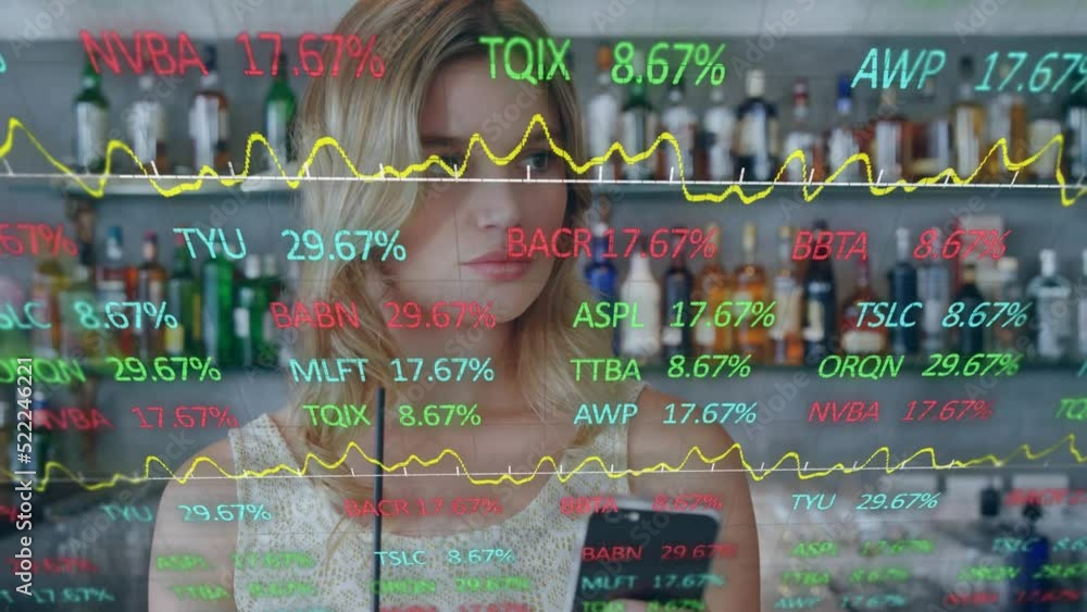 Poster animation of data processing over business people using phone headsets