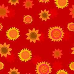 Seamless pattern with sunflowers on a red background . Bright colorful seamless background with flowers