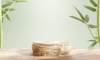 Wooden product display podium with bamboo nature leaves on green background. 3D rendering