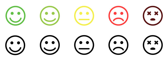 Emoji icon set of satisfaction level. Simple feedback in form of emotions in flat style. Customer feedback. Range to assess the emotions Excellent, good, normal, bad, awful symbols Vector illustration