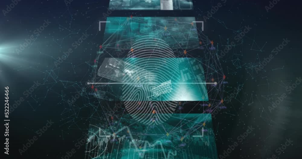 Poster animation of fingerprint over shapes and digital screens