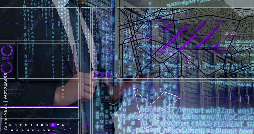 Poster animation of data processing over caucasian businessman in server room