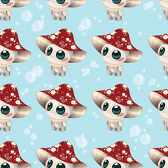 Cute colorful cartoon mushroom character seamless pattern for children. Bright vector illsutartion for games, background, pattern, decor. Print for fabrics and other surfaces.