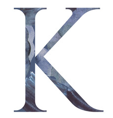 Watercolor blue capital letter K isolated illustration, summer design element