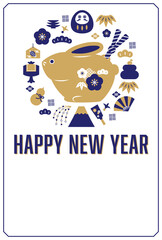 年賀状テンプレート／ウサギの土鈴と縁起物アイコン色々／HAPPY NEW YEAR（紺）