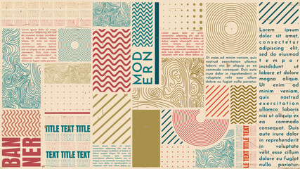 Vector illustration. Contemporary modern art graphic. Vintage stylish geometric background. Design element for web banner, panoramic wallpaper. 70s, 80s retro graphic. Scratched old paper effect