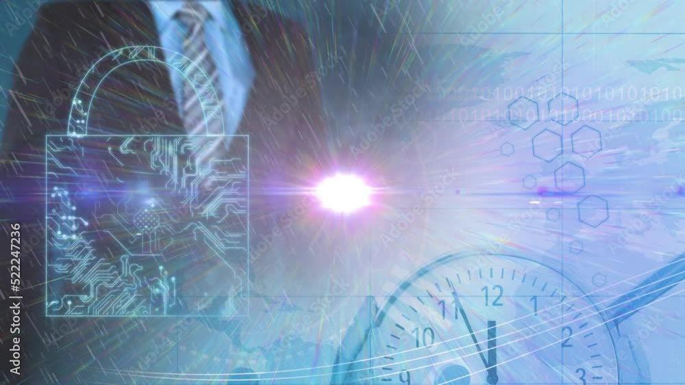 Poster animation of data processing and clock over padlock and caucasian businessman