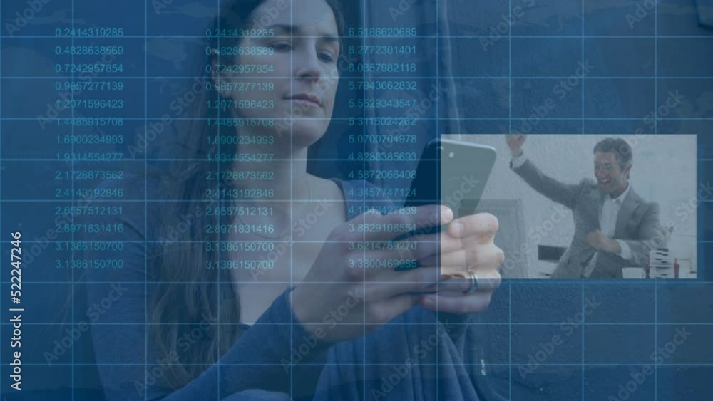 Poster animation of financial data processing and statistics over caucasian woman using smartphone