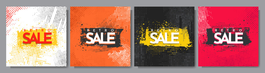 Obraz premium Vector illustration. Grunge halftone dots texture. Ink brush strokes banner. Design elements for social media template. Vibrant color background. Paint splash. Abstract art. Sale discount banner