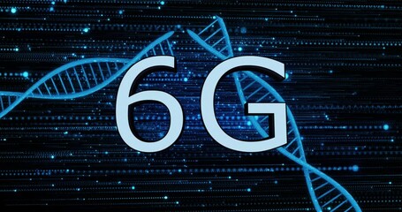 Animation of 6g text over dna strands and light spots on black background - Powered by Adobe