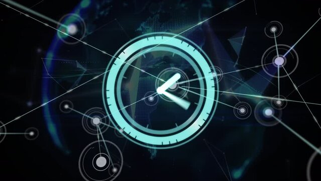 Animation of moving clock over network of connections with globe on black background