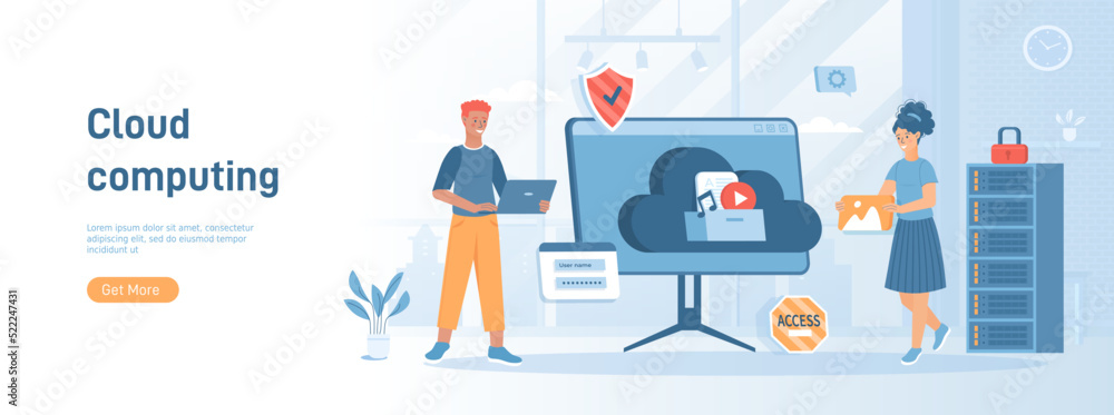 Poster cloud computing, storage concept. technology file upload, backup on cloud server. flat concept great