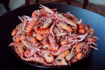 Platter of fresh cooked langostino in Brittany, France