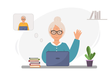 Grandmother with talking via laptop communicating online with grandfather, communication of elderly person concept, using modern technologies by elderly people, retired woman chatting with man