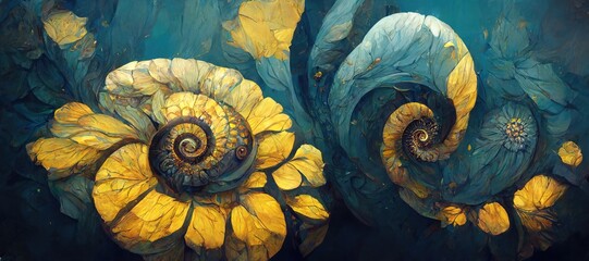 Unusual and strange alien looking ammonite flowers blooming. Surreal floral fantasy forest in gorgeous lapis lazuli blue and yellow colors of the imagination. 