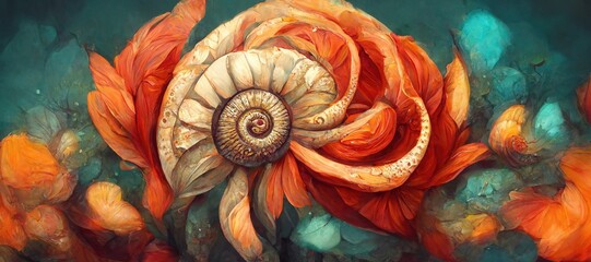 Unusual and strange alien looking ammonite flowers blooming. Surreal floral fantasy forest in gorgeous tangerine and apricot orange colors of the imagination.