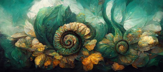 Unusual and strange alien looking ammonite flowers blooming. Surreal floral fantasy forest in gorgeous emerald and light mint green colors of the imagination.