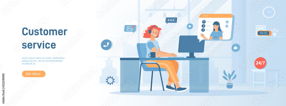 Aufkleber customer service. operator in headphones consult clients, answers the questions and solve problems. 