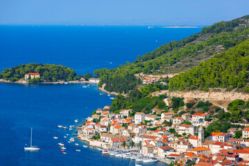Naklejka na ściany i meble Aerial view on city on the Adriatic Sea, typical Mediterranean architecture, Vis, Vis Island, Croatia