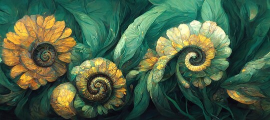 Unusual and strange alien looking ammonite flowers blooming. Surreal floral fantasy forest in gorgeous emerald and light mint green colors of the imagination.