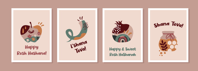 Jewish holiday Rosh Hashana, greeting card set in minimalistic style. Jewish traditional greetings. Pomegranate, apple , honey and flowers. Vector illustration