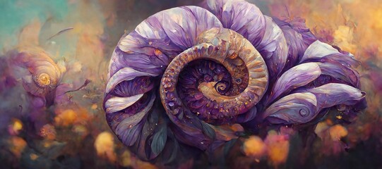 Unusual and strange alien looking ammonite flowers blooming. Surreal floral fantasy forest in gorgeous amethyst and lavender purple colors of the imagination.