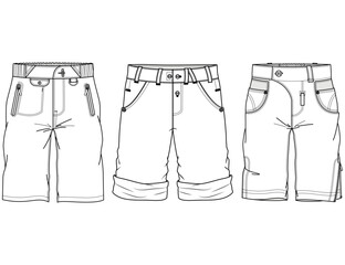 Men's Cargo Short, Denim Shorts, Back Elasticated Waist Short Set Fashion Illustration, Vector, CAD, Technical Drawing, Flat Drawing, Template, Mockup.	