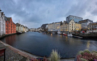 Downtown Ålesund in winter, Norway.