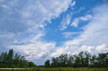 Beautiful sky and white cumulus clouds on it above the trees
