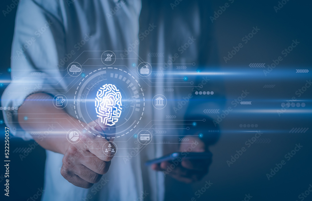 Aufkleber man touching virtual screen to scan fingerprint.technology personal information protection concept c