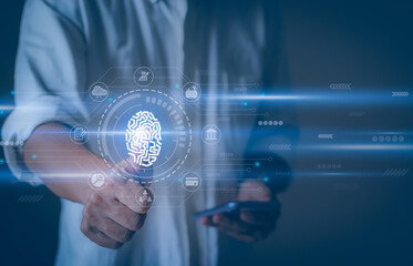 man touching virtual screen to scan fingerprint.technology personal information protection concept Connectivity for data transfer, big data, business processes. and various transactions.