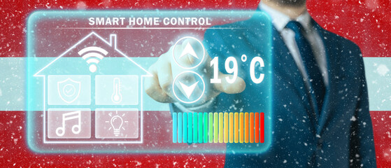 Frozen citizen of Austria adjusting heating temperature on a virtual screen of smart home...