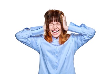 Screaming emotional young female with closed eyes ears, on white isolated background