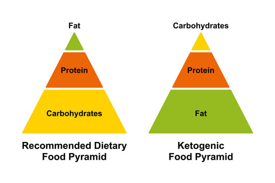 Recommended dietary food pyramid and ketogenic food pyramid. Simplified chart of the different distribution of carbohydrates, protein and fat in a typical western diet and in a low carbohydrates diet.