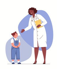 Sympathetic, friendly attitude of doctor to little patient. Individual approach to child in provision of medical, preventive, psychological assistance. Flat vector illustration on white background.