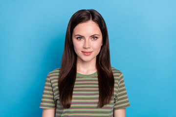 Fototapeta premium Photo of nice millennial brunette lady wear green t-shirt isolated on blue color background