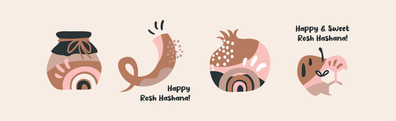 Rosh Hashana, Jewish holiday icons with abstract patterns. Apple, honey, pomegranate and flowers, New Year symbols and icon. Vector illustration