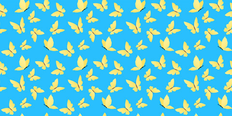 Vector seamless pattern with yellow beautiful butterfly on blue color background. Colorful design of seamless pattern with different butterfly