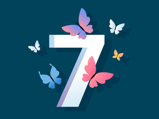 Obraz na płótnie Canvas Vector illustration of beautiful bright butterfly with number seven on dark color background. Design with number 7 and butterfly