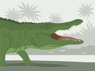Green crocodile with open mouth. Aquatic carnivorous reptile. Toothy alligator and caiman. Predator hunter of Africa. Big animal on the river bank. Wild landscape. Flat vector color illustration