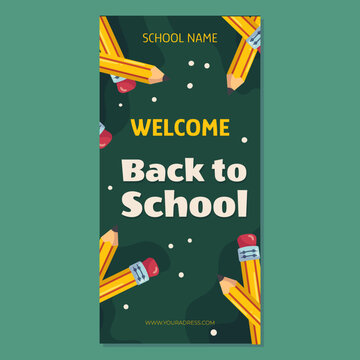Back to school vertical banner template with classic yellow pencil with eraser on it. The pencils are arranged in a circle against a green school chalkboard.
