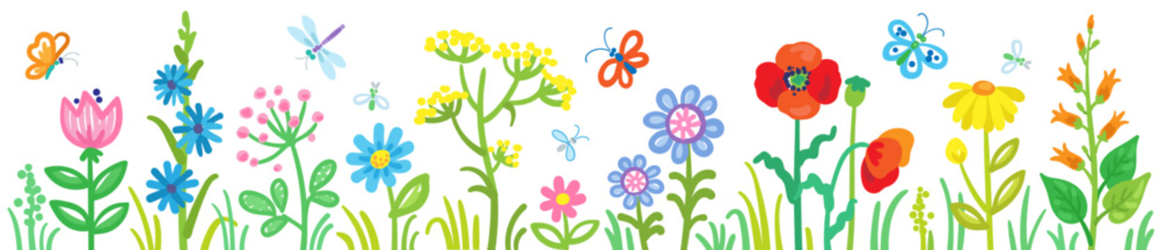 Beautiful flowers and butterflies on a summer meadow. In cartoon style. Children's drawing. Isolated on white background. Vector illustration