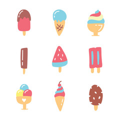 Big set of cute cartoon ice creams. Ice cream set of different shapes. Cute stickers, patches or pins collection. Tasty cute appetizing food collection. Simple modern design. Flat style vector illustr
