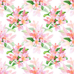 Seamless watercolor pattern with tropical plumeria flowers. Bright and juicy.