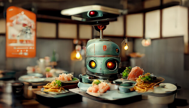 Food service robot in restaurant with Japanese food. Technology and business concept.