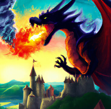 An evil fantastic dragon breathes flame towards a magical medieval castle. Magic fantasy world digital painting. Mythologic monster. Dark colors. Big size art poster or canvas print