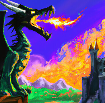 An evil fantastic dragon breathes flame towards a magical medieval castle. Magic fantasy world digital painting. Mythologic monster. Dark colors. Big size art poster or canvas print