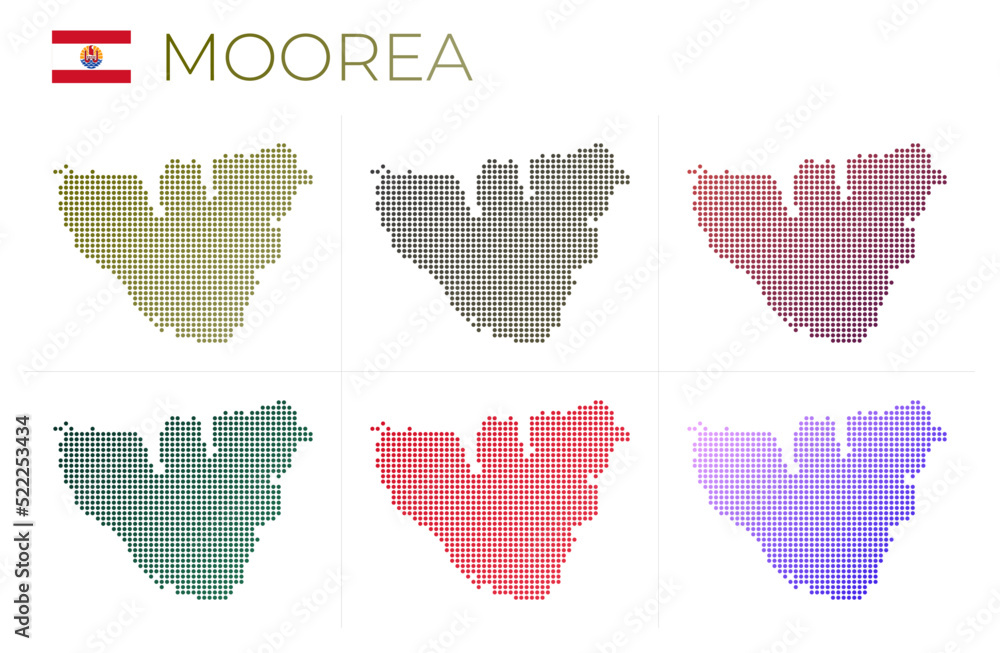 Poster moorea dotted map set. map of moorea in dotted style. borders of the island filled with beautiful sm