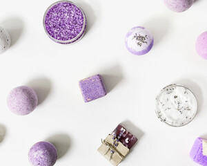 lavender spa products, bath bomb, sea salt, bar of soap, hygiene items for bath and spa with dry lavender flower. Natural cosmetic for beauty treatment and body care, herbal medicine