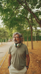 Fototapeta premium Thoughtful middle-aged man with gray hair and beard wearing casual clothes with headphones around his neck is walking down the street